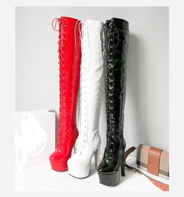 Scarpe club da donna stivali plateau tacco alto zip stringati sopra il ginocchio taglia UK B187 - Immagine 1 di 3