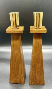 Vintage Danish Modern Kustom Kraft Walnut Brass Taper Candle Holders 8 Inch MCM - Picture 1 of 9