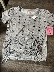 Love Maddie Panda Sz 14 cinch up Fitted top gray pink bow 10 12 ? - Picture 1 of 7