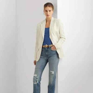Lauren Ralph Lauren Striped Linen Blend Twill Blazer Women's 18 Cream/Blue L/S - Picture 1 of 20