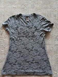 Harley Davidson Black Grey RHINESTONE BLING Bar Shield Shirt Medium Beach House - Picture 1 of 12