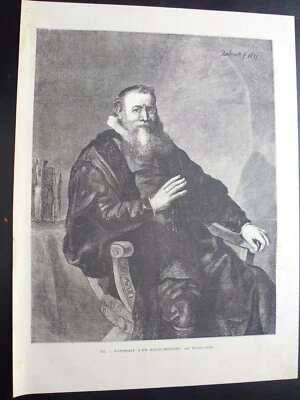 Gravure  noir et blanc circa 1870: portrait d'un bourgmestre  par REMBRANDT - Photo 1/4