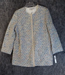 Tahari Arthur Levine Jacket Womens 18 Ivory Blue Tweed Pearl Trim Blazer Lined - Picture 1 of 17
