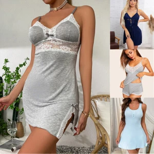 Women's Summer Sexy Nightdress Pajamas Set Babydoll Lace Full Strap Nightdress - Picture 1 of 16