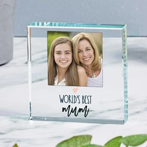 Worlds Best Mum - Personalised Photo Glass Block Ornament Gift 9cm - Picture 1 of 4