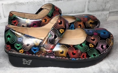Alegría Cuero Mary Janes Multicolor Corazones Paloma Elevado Pisos EU 39 US 9 Foto 1 de 4