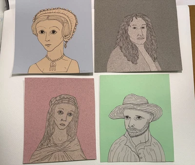 Lote de 4 Originales ÚNICOS Retrato Dibujo Pluma Tinta Collage Arte Hecho a Mano Renacimiento Foto 1 de 4