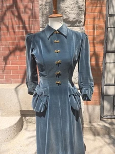 1930s 40s FOGA Cotton Velveteen Blue Green Tailored dress talon bell zipper - Picture 1 of 10