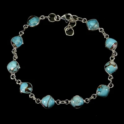 925 Sterling Silver Bracelet Cushion Kingman Turquoise 6mm Gemstone Jewelry 7in - Image 1 of 4