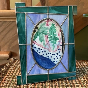 Green Purple Leaded Stained Glass Geometric Picture Frame Handmade 4x6 Photo - Picture 1 of 7
