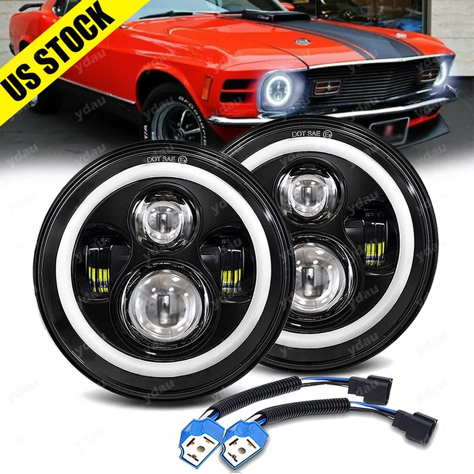Par de faros LED redondos de 7 pulgadas halo para Ford Mustang 1965-1978 alto bajo Foto 1 de 4
