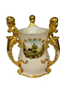 ANTIQUE AMERICAN BELLEEK CERAMIC ART COMPANY GILT PORCELAIN 3 HANDLE LOVING CUP - Picture 1 of 7