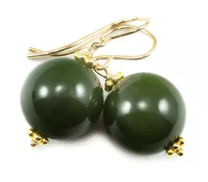Jade Ohrringe grün Nephrit rund glatt einfache Tropfen klassisch 14k Sterling Gold - Bild 1 von 12