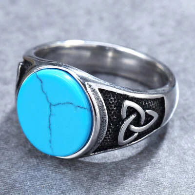 Anillo de sello de piedra azul plateado de acero inoxidable para hombre y mujer regalo de boda  Foto 1 de 4