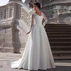 Elegant A-Line Wedding Dresses V-Neck Long Sleeves Lace Appliques Bridal Gowns - Picture 1 of 10