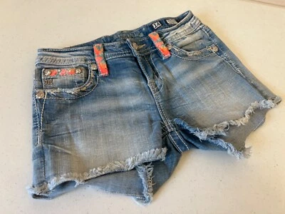 Miss Me KE8702H Cut Off Booty Shorts Teal & Neon Orange Stitching w/Gems 14 - Image 1 of 4