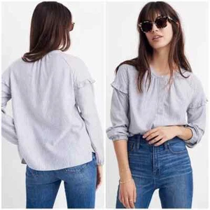 Madewell Top S Collarless Ruffle-Sleeve Blue Stripe Button Down NWT - Picture 1 of 8
