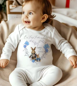 Photo Personalised Father's day Romper Set, bunny print keepsake Clothing, - Picture 1 of 2