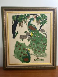 Vintage 80s HAND BEADED Peacock Picture Wall Hanging Colorful - Picture 1 of 5