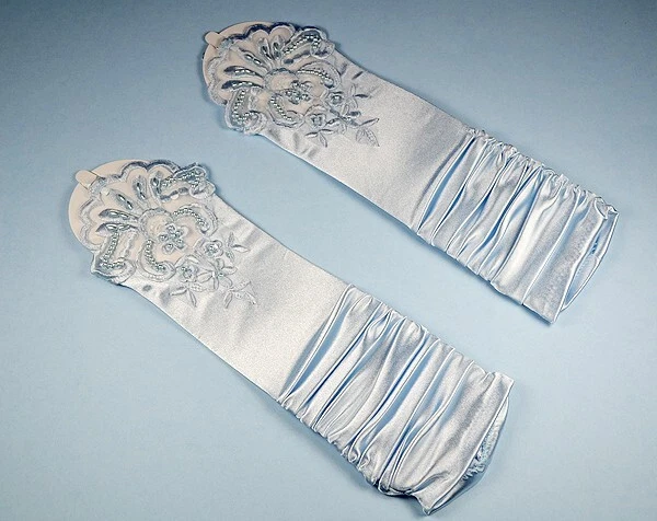 Bridal Prom Costume Adult Satin Fingerless Gloves Lt Blue Elbow Length Party - Image 1 of 1