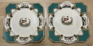 2 MYOTT Chelsea STAFFORDSHIRE Square Luncheon Plates 8" Pheasant BIRD Green x 2 - Picture 1 of 1