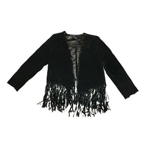 Echt schwarz Leder Fransen Wildleder Bolero Jacke Chi von Falchi Vintage Gr. L - Bild 1 von 12