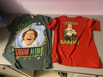 2 Elf Movie T Shirt Christmas Child Small.  Omg Santa I Know Him - Image 1 of 4