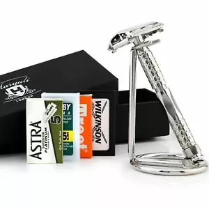 Safety Razor + Stainless Steel Stand Twist Open Butterfly Shaver Unisex - Picture 1 of 5