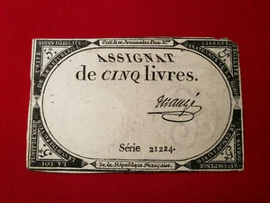 ASSIGNAT 5 Cinq LIVRES / 10 Brumaire l'an 2 1793 / Série 21224 / signé MAUGE - Imagen 1 de 2