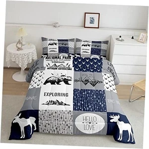 Bear Deer Comforter Set Hunting Camping Bedding Set for Kids Full Medium Blue - Picture 1 of 7
