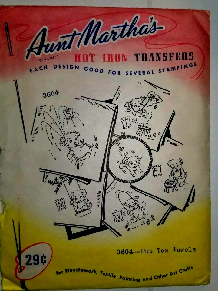 Aunt Martha's 3604 Transfer Pattern Sewing Pup Tea Towel Embroidery Needlepoint - Image 1 of 4