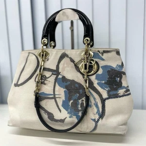 Christian Dior Borsa a Mano Tela 2 Vie Beige Oro Autentica Lady Dior Buone Condizioni - Foto 1 di 18