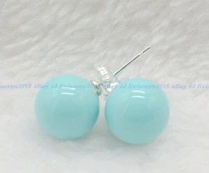 Pretty 8/10/12MM Turquoise Blue Round Shell Pearl Silve Stud Earrings - Picture 1 of 3