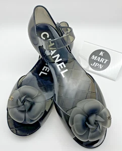 CHANEL Flat Camellia CC Mark Sandals shoes PVC Clear Black EU38 Used Japan - Picture 1 of 22