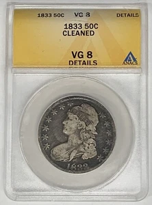 1833 Bust Half Dollar.50c ANACS VG 8 Details Cleaned - Picture 1 of 2