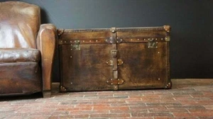 Vintage English Handmade Bridle Leather Steamer Trunk - Antique Leather Trunk - Picture 1 of 4