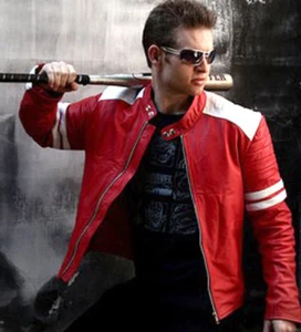 New Mens Fight Club Retro Mayhem RED Leather Jacket WHITE STRIPE - Picture 1 of 5