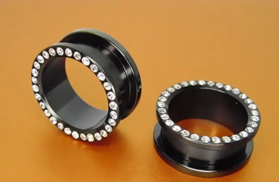 PAIR OF 15/16" 24mm stones black titanium flesh tunnel gem plug - Image 1 of 1