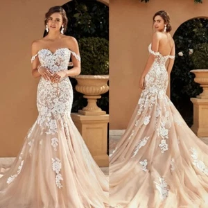 Champagne Long Mermaid Wedding Dresses With Ivory Lace Appliques Off The Shoulde - Picture 1 of 9