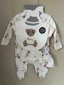 BABY BOYS CLOTHING GIFT SET WHITE BABYGROW SLEEPSUIT BEAR DESIGN BOYS NEWBORN-6M - Picture 1 of 4