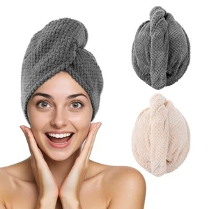 2 PCS Microfiber Hair Wrap Towels Super Absorbent Anti-frizz Button Design - Picture 1 of 7