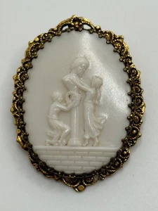Vintage Molded Cameo Woman & Man With Bust on Pedestal Brooch - Picture 1 of 12