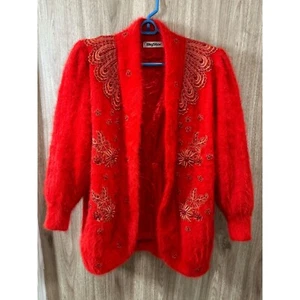 Big Star Damen XL Angora Fuzzy Vintage roter Pullover Jacke Perlen **LESEN** - Bild 1 von 9
