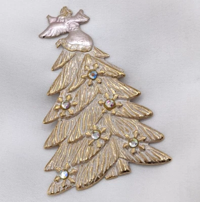 Broche de árvore de Natal vintage anjo topper ouro branco AB strass estampado - Imagem 1 de 4