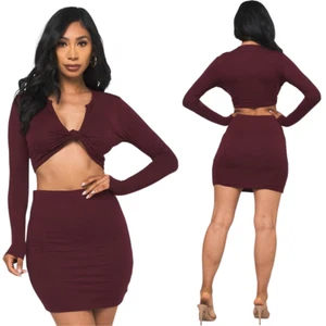 Lizabell Womens Long Sleeve Cropped Top Mini Skirt 2 Piece Set Outfit Burgundy - Picture 1 of 4