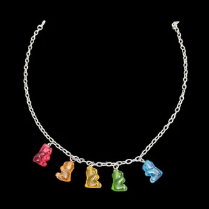 Gummy Bear Acrylic Multicolored Charm Silver Tone Chain Fashion Necklace 17” - Picture 1 of 4