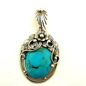 Vintage Artisan NK Turquoise Sterling Silver Pendant Necklace Flower Signed - Picture 1 of 5