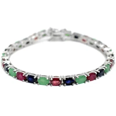Bracciale Tennis 6x4 mm Ovale Rubino Naturale Smeraldo Zaffiro Gemma Argento 925 - Immagine 1 di 4