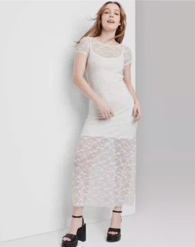 OFF WHITE Maxi abito lungo in pizzo bianco sporco Wild Fable taglia M nuovo con etichetta