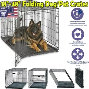 18" - 48" Pets Dog Crate Kennel Folding Metal Pet Dog Cage with Tray Pan Black - Picture 1 of 48